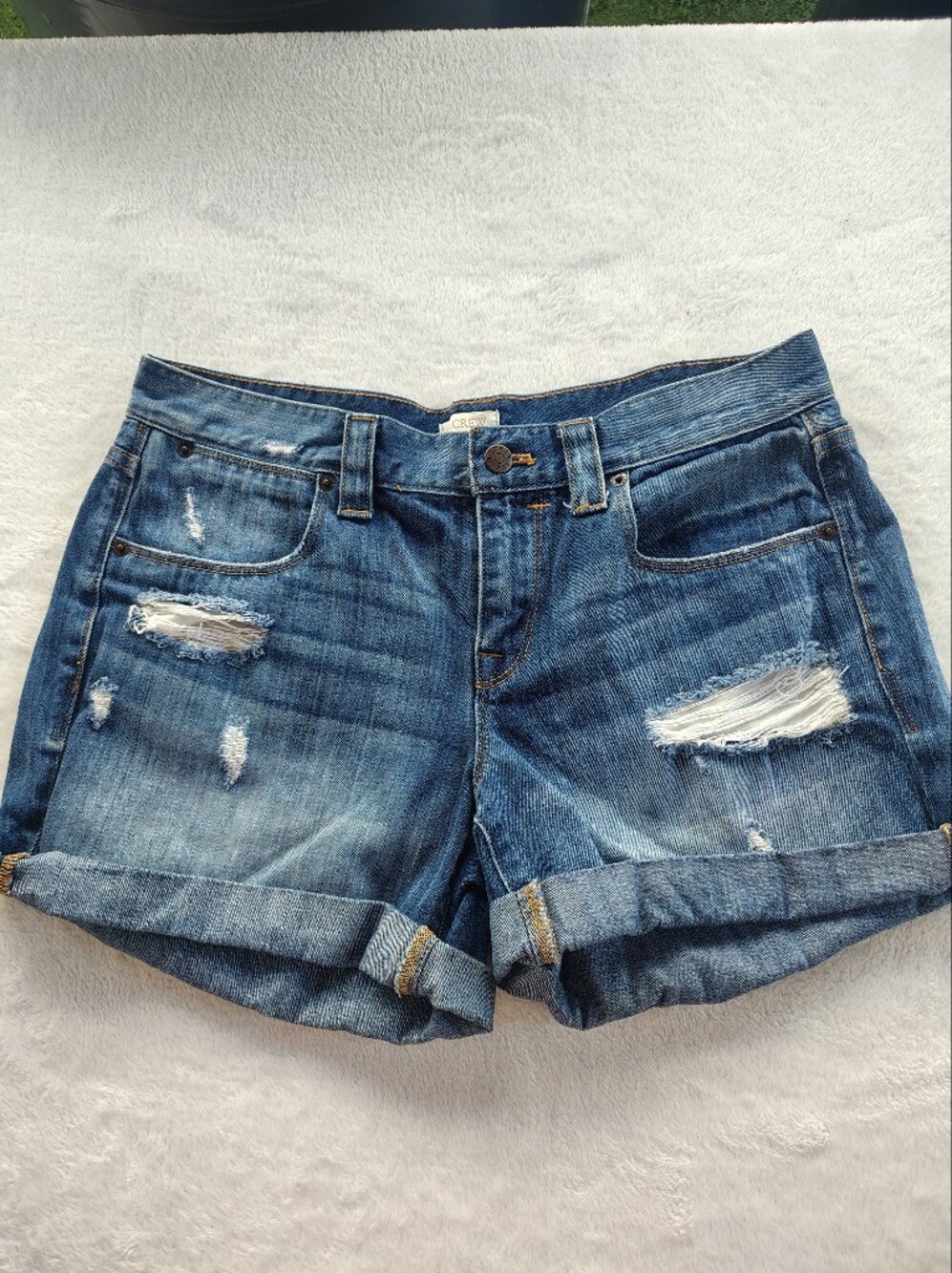 J. Crew Distressed Rolled-Cuff Denim Shorts - Dark Blue
